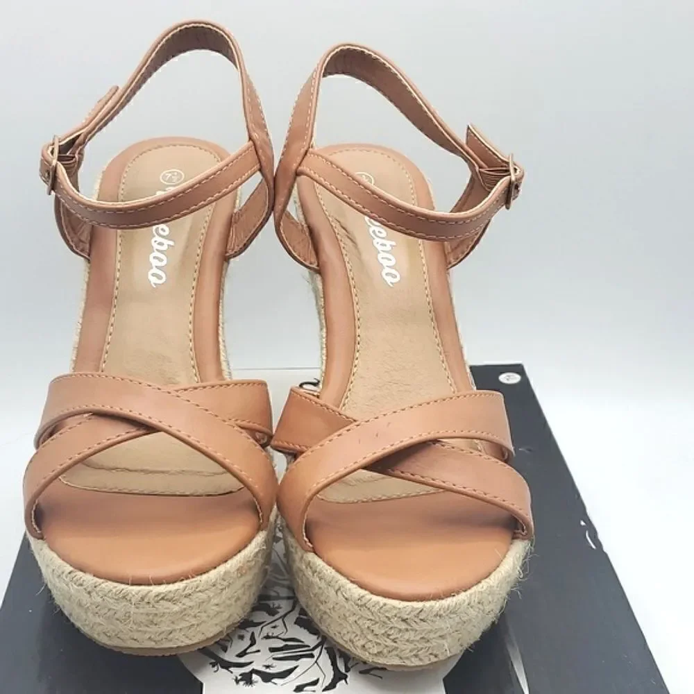 Weeboo Tan Mid High Heel Wedge Strappy Buckle Espadrille Sandals Size 7.5